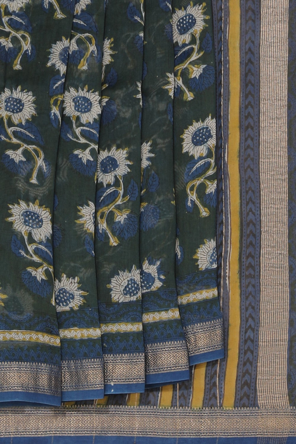Image of Bottle Green Hand Block printed Bagru Chanderi Saree